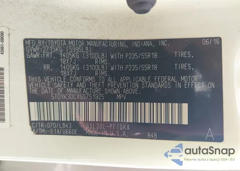 2016 Toyota Sienna Limited 7 Passenger z USA, uszkodzony, nr VIN 5TDYK3DCXGS751925